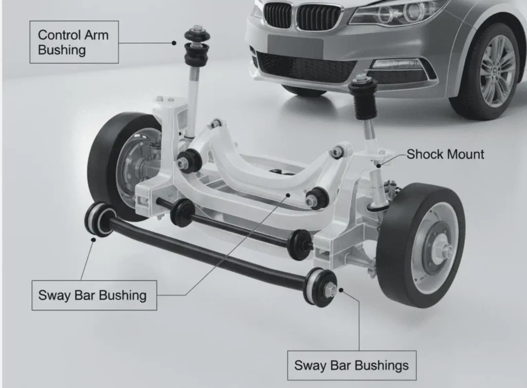 Car suspension system diagram showing control arm bushing, sway bar bushings, and shock mount locations