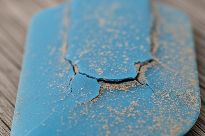 Close-up of a blue silicone spatula with severe cracks and surface damage, showing signs of aging and degradation.