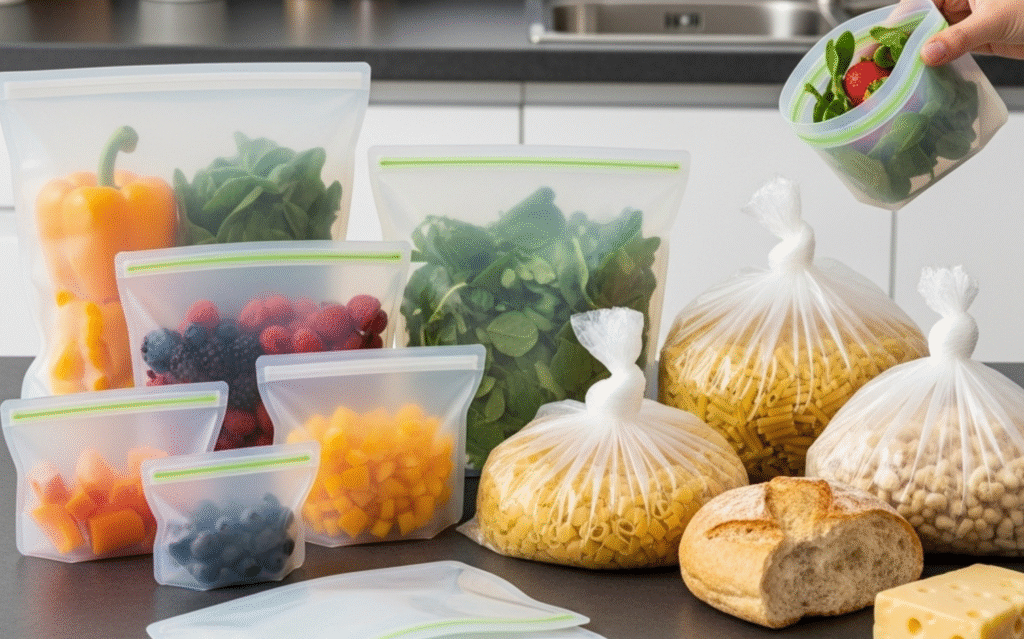 Reusable silicone storage bags filled with vegetables, fruits, pasta, and bread, shown as eco-friendly alternatives to plastic bags