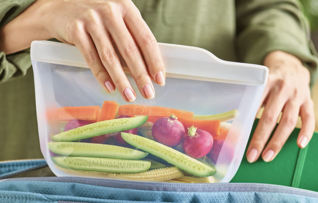 Reusable silicone food storage bag filled with fresh vegetables like cucumbers, carrots, radishes, and baby corn.