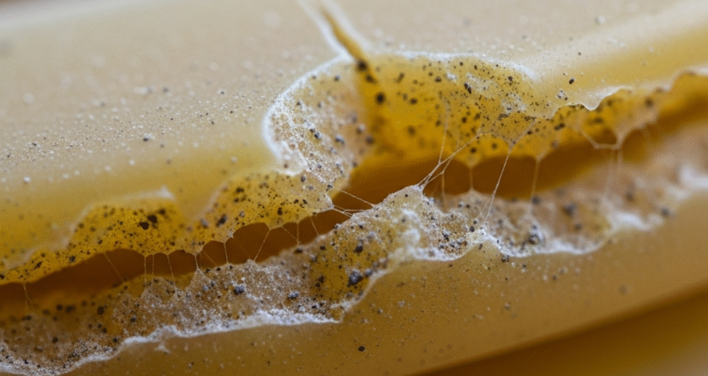 Close-up of a silicone surface showing cracks, discoloration, and mold spots, typical signs of silicone aging and degradation.