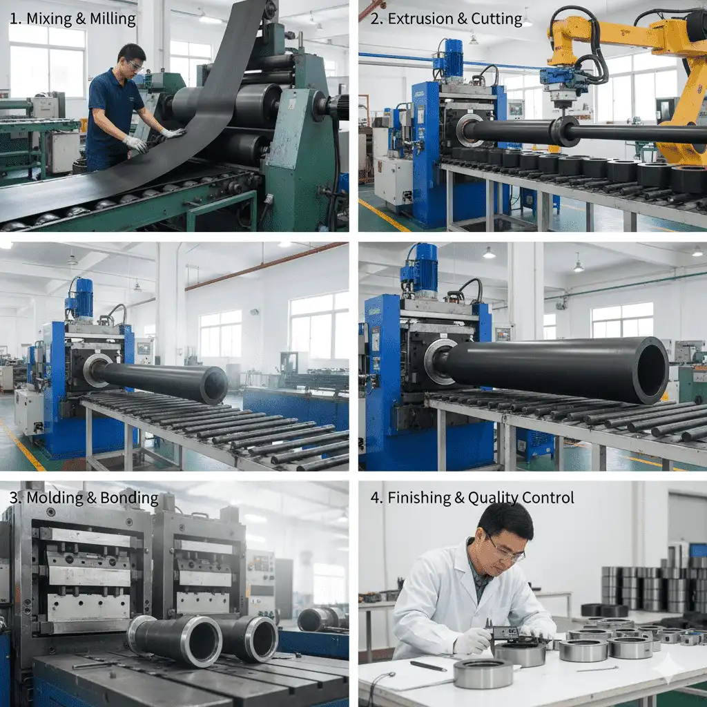 Manufacturing process of rubber bearing sleeves showing four steps: mixing and milling, extrusion and cutting, molding and bonding, finishing and quality control