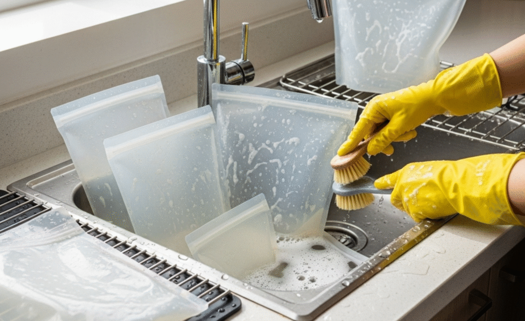 Person wearing yellow gloves washing reusable silicone food storage bags in a sink with soapy water and a brush.