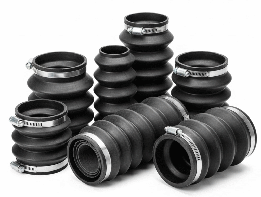 A group of molded rubber bellows in various shapes and sizes.