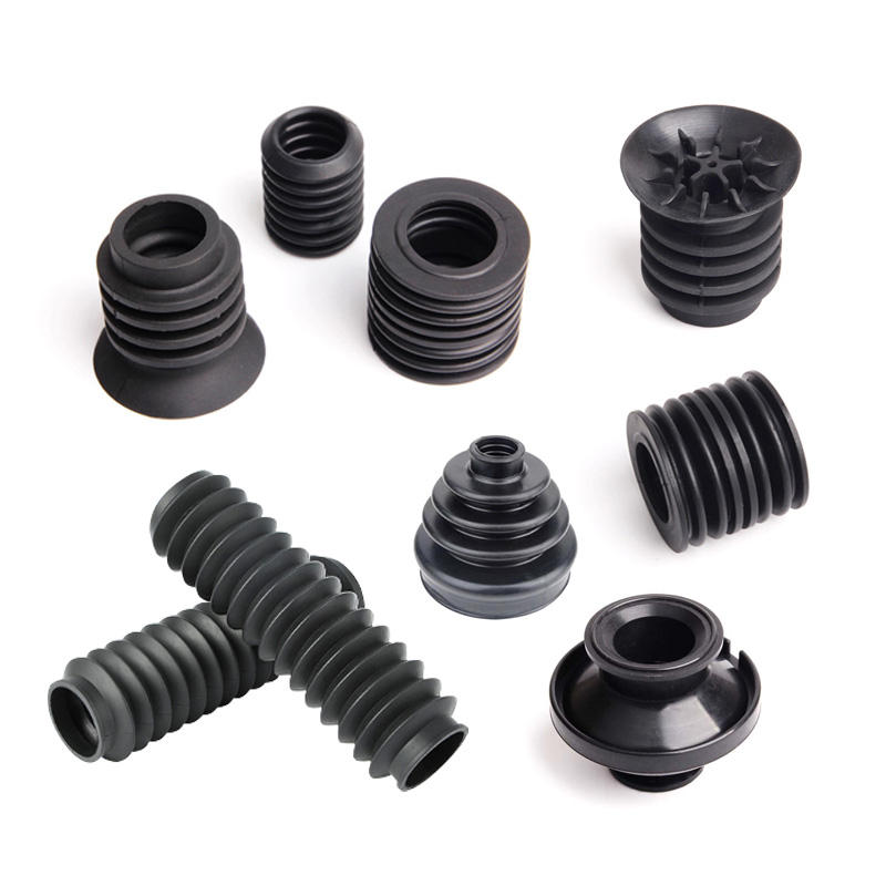 A variety of black molded rubber bellows in different shapes and sizes.