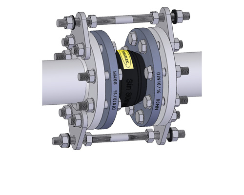 A flanged rubber expansion joint installed between two sections of pipe.
